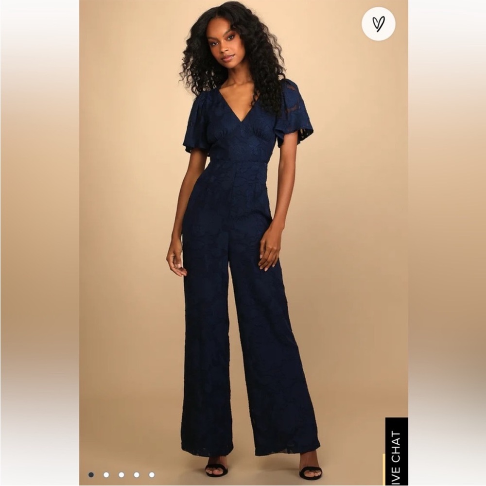 NWT Women M LuluSpecial Love Navy Blue Floral Burnout Flutter Sleeve Jumpsuit